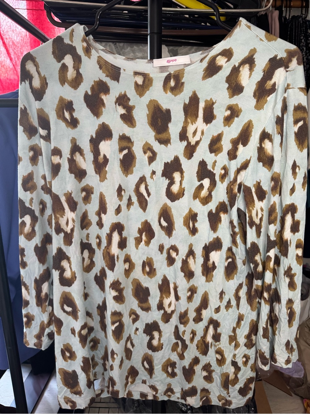 Leggiadro Light Blue and Brown Leopard Print Long Sleeve Top